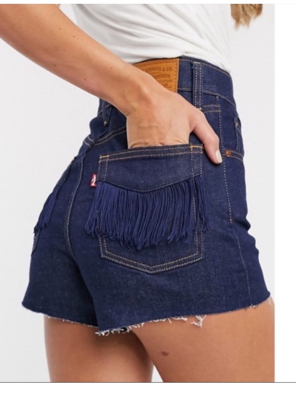 Levis Ribcage Short Medium Wash Blue Denim Cut Off Raw Hem fringe back